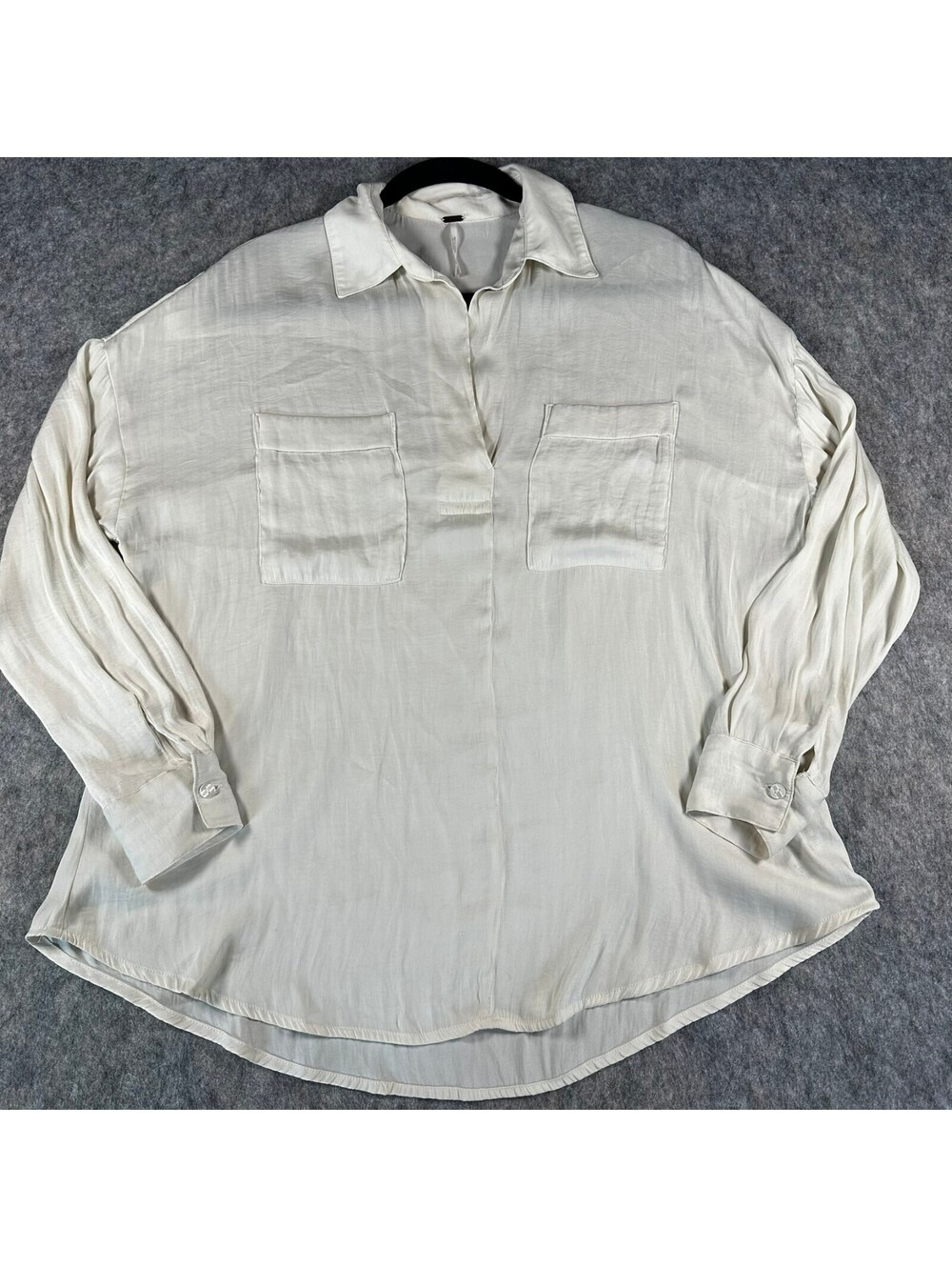 Free People Ivory Popover Oversized Blouse Minimal Luxe Pocket Top Sz XS